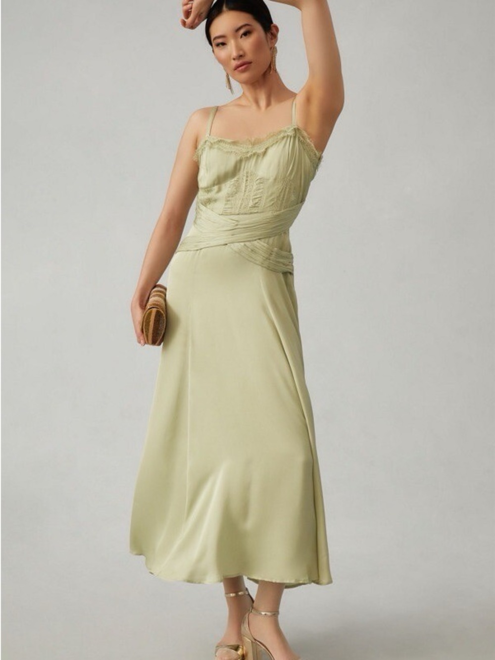 Anthropologie LET ME BE A-LINE LACE-TRIMMED MIDI DRESS in Green